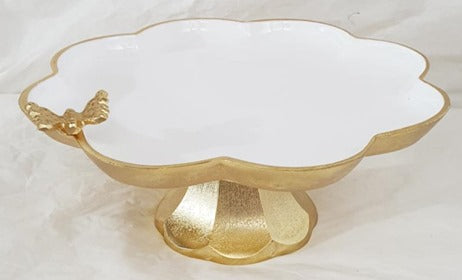 11.5"x4" ROUND FOOTED PLATE-GOLD/WHITE-BUTTERFLY