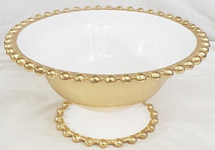 11.75"x6" BEADED FOOTED BOWL-ROUND-GOLD/WHITE