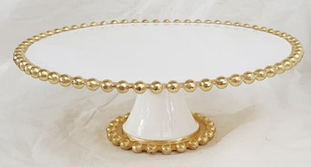 13"x4.75" BEADED FOOTED PLATE-ROUND-GOLD/WHITE