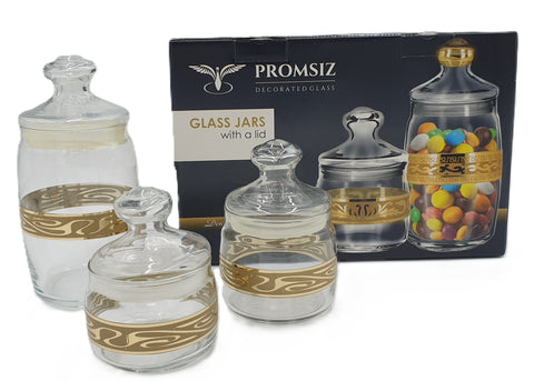 3 PC GLASS JAR-GOLD DESIGN