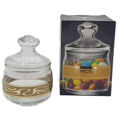 GLASS JAR W/LID-GOLD DESIGN-SMALL