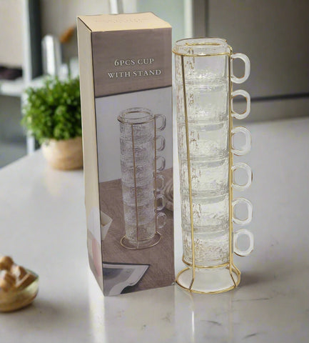 6 PC GLASS COFFEE CUP W/STAND