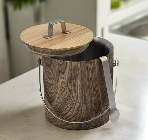 6.25"x6" ICE BUCKET W/TONG-WOOD DESIGN