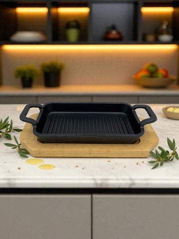 11"x5.5" CAST IRON PAN W/WOOD BASE