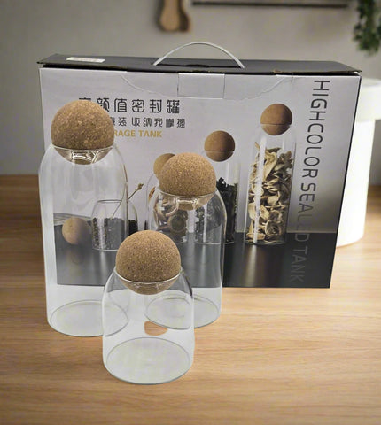3 PC GLASS CANISTER W/CORK LID