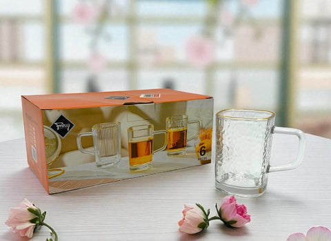 6 PC TEA GLASS-SQUARE-GOLD RIM