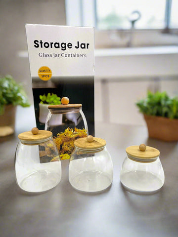 3 PC GLASS JAR SET W/WOOD LID