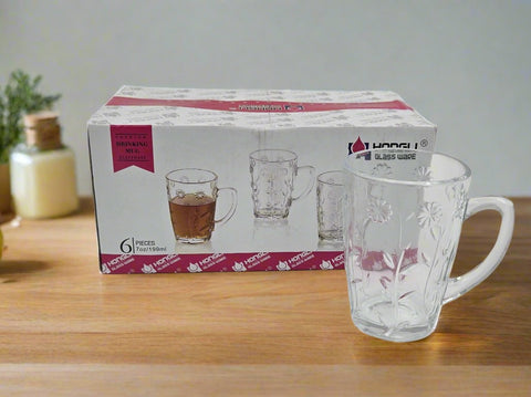 6 PC GLASS TEA CUP-FLOWER DESIGN