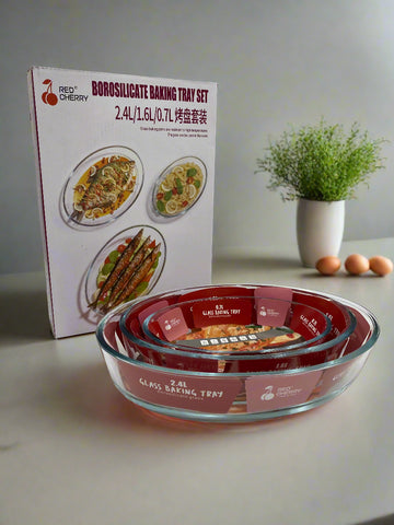 3 PC BAKING GLASS DISH-OVAL -2.4L, 1.6L, 0.7L