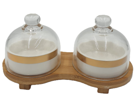 2SECTION CANDY DISH W/WOOD BASE