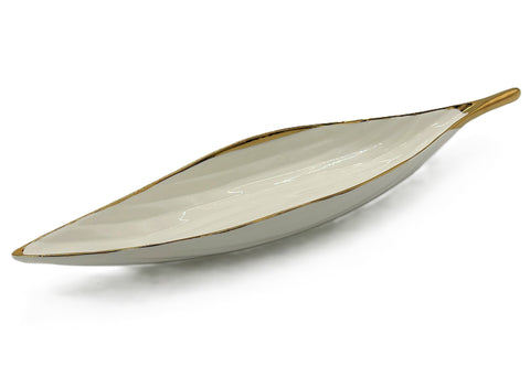 16"x3.5" LONG LEAF SHAPE PLATE-GOLD RIM