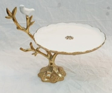 10.25"x11.5"x14" FOOTED PLATE-WHITE/GOLD-BIRD