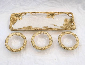 TRAY W/3 BOWLS-GOLD/WHITE-RECTANGLE-GRAPE