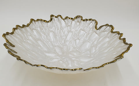 11"GLASS BOWL-PEARL WH/GOLD