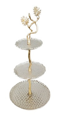11"x11"x21.5" 3 TIER HAMMERED CAKE STAND -GOLD/SILVER-LEAF