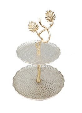11"x11"x16" 2 TIER HAMMERED CAKE STAND-GOLD/SILVER-LEAF