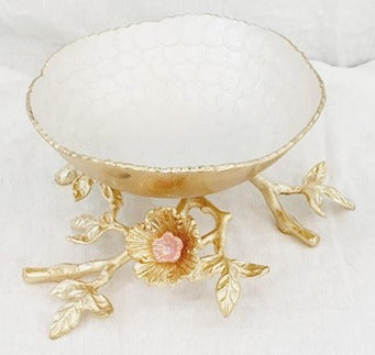 11"x12.5"x5" FOOTED BOWL-GOLD/BEIGE-FLOWER