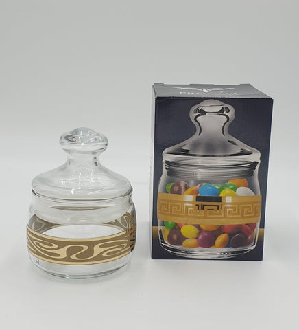 GLASS JAR W/LID-GOLD DESIGN-SMALL